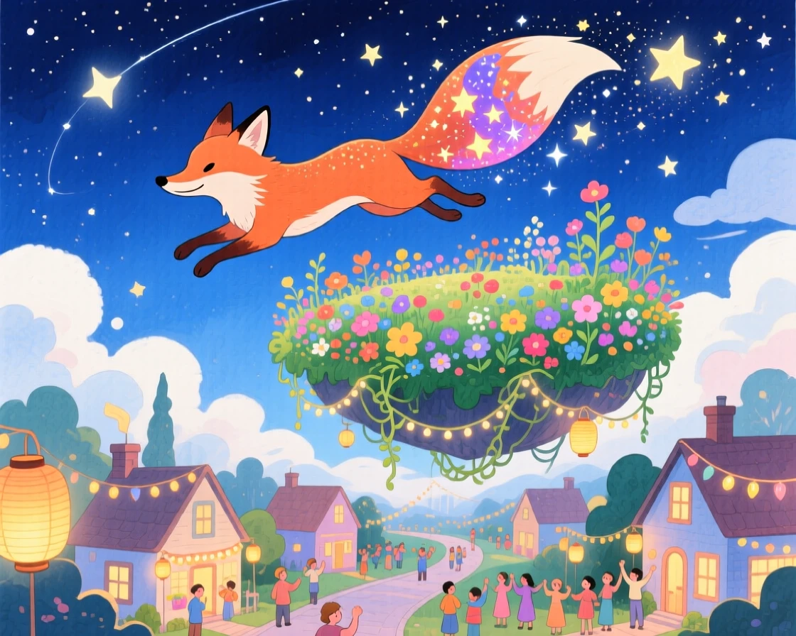 A star-tailed cosmic fox soaring above a village during a starlit festival, in a floating garden above the clouds, filled with a sense of peaceful mysticism.