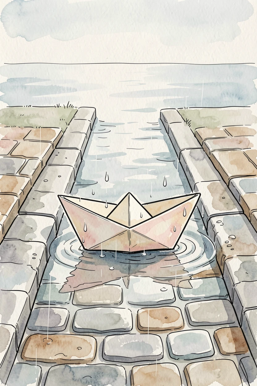 A paper boat floating down a rain-swollen gutter toward open water, a quiet sense of hope and possibility filling the scene.