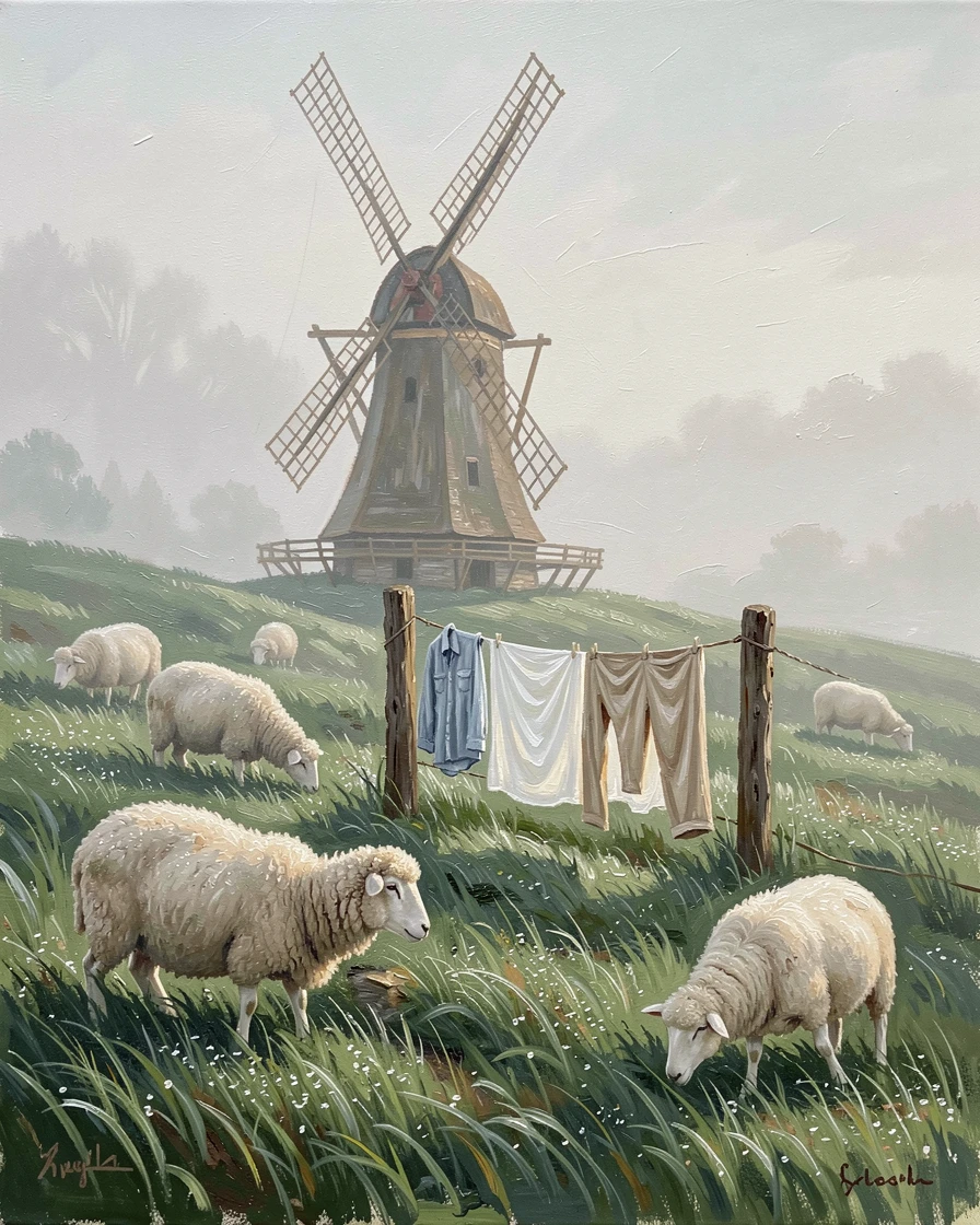 On a misty early morning with dew on the grass, rolling green hills dotted with grazing sheep, with a windmill turning slowly in the distance, laundry drying on a line strung between fence posts.