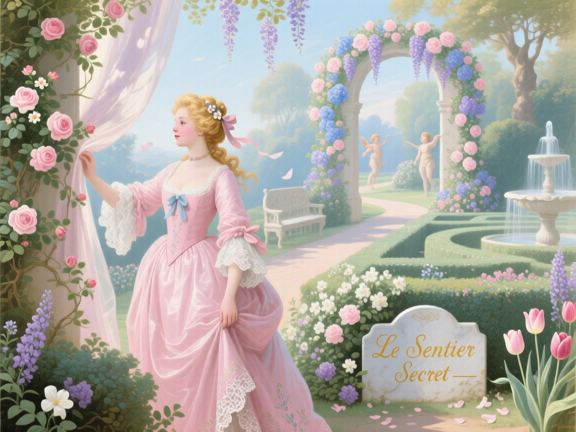 A princess finding a secret path through a flowering garden maze  