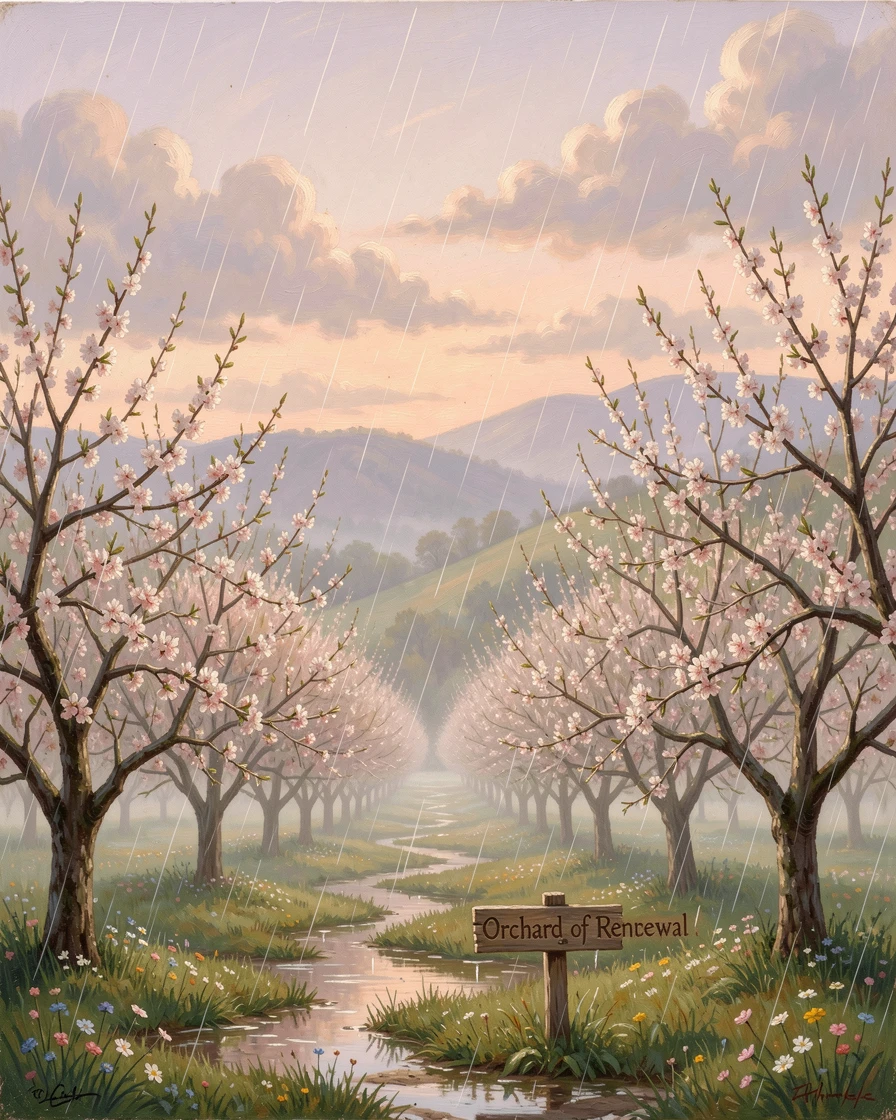 A warm spring rain falls gently over blossoming orchards.