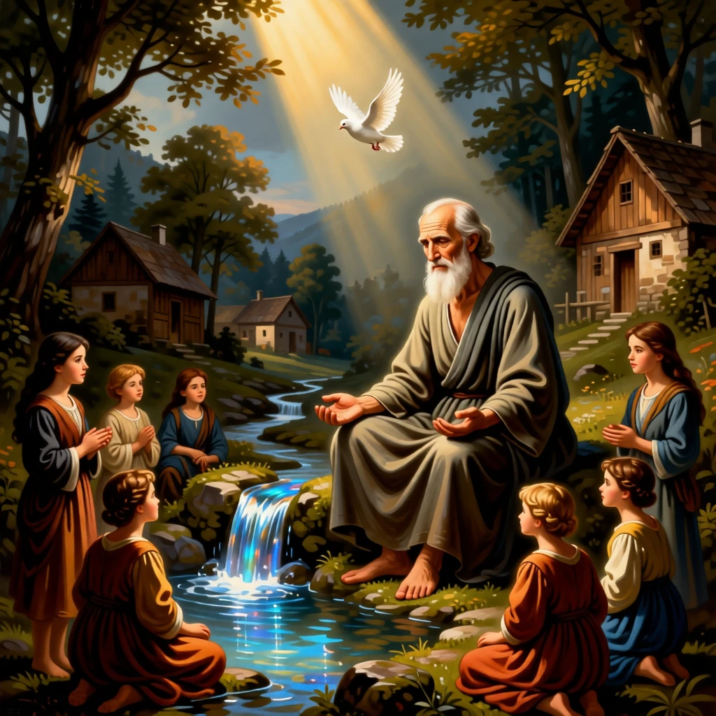 An elderly sage meditating beside a tranquil mountain spring as ancient wisdom passes gently to the next generation, set within a humble village at the edge of a quiet forest, with a single dove or beam of light marking the sacred moment; converging figures form a reverent circle around the central moment, suggesting the enduring comfort of belief and community.
