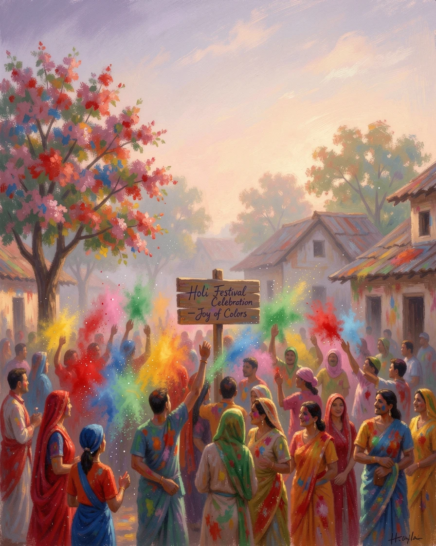 A colorful Holi festival celebration in India, clouds of vibrant powder filling the air above joyful crowds, as the first light of dawn breaks, inspiring awe at the beauty of the scene.
