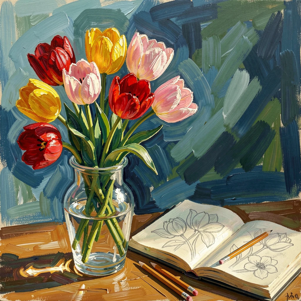 A glass vase of tulips catching morning light beside an open sketchbook and pencils.