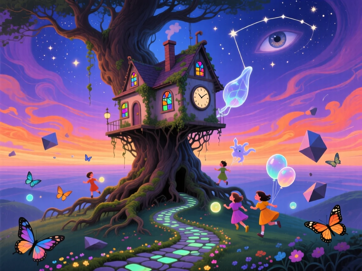 A house that hangs from the roots of a floating tree hangs suspended between two identical skies, while children run along paths that curve into the sky.