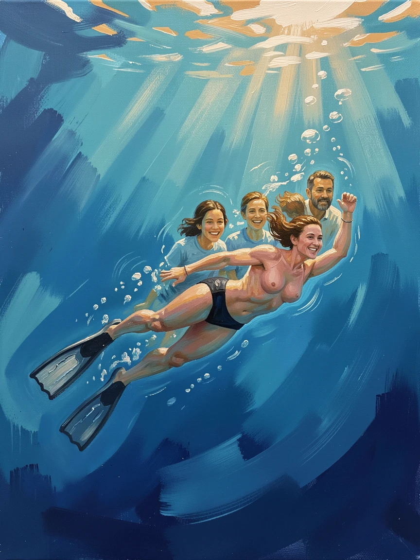 A free diver descends gracefully into deep blue water, a single fin trailing behind in an almost balletic underwater pose, warm ambient light illuminating faces filled with joy and communal spirit.
