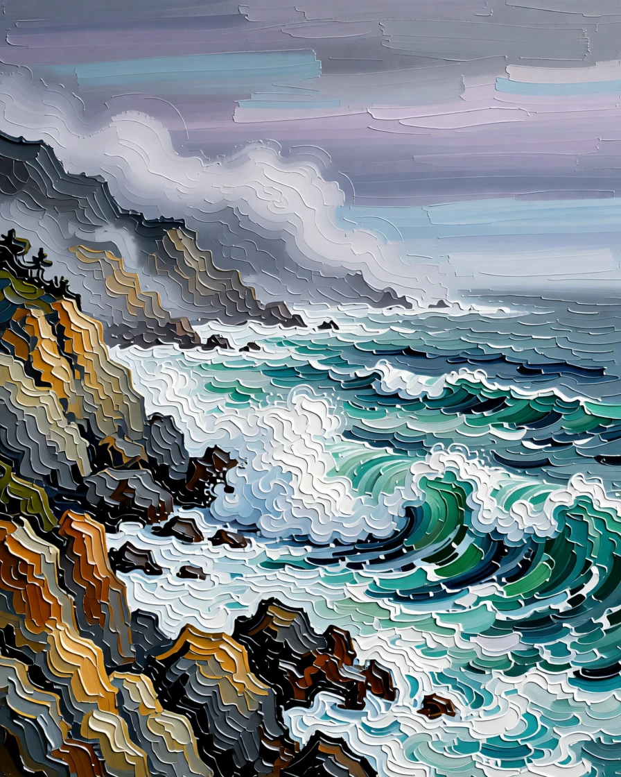 A dramatic rocky coastline in Big Sur with fog rolling in over crashing surf