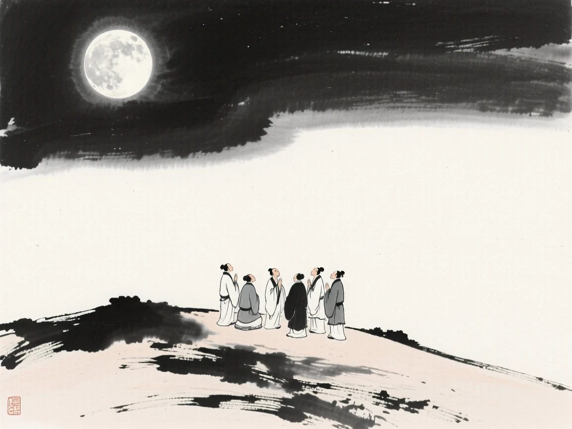 A group gathers on a hillside to watch the rise of the harvest moon, as the moon casts a silver glow over the gathering.