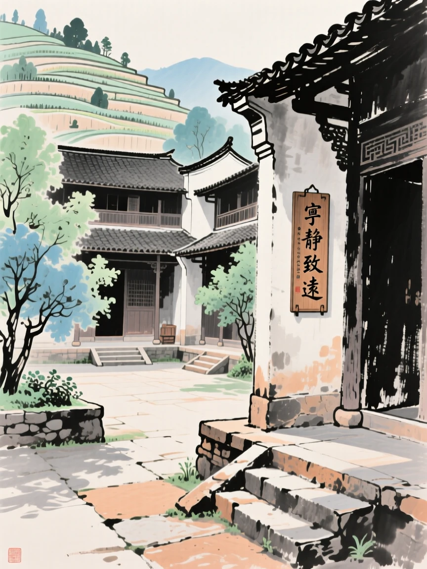 Terraced courtyards of an old family estate framed by garden trees, in the height of summer, full of quiet reverence.