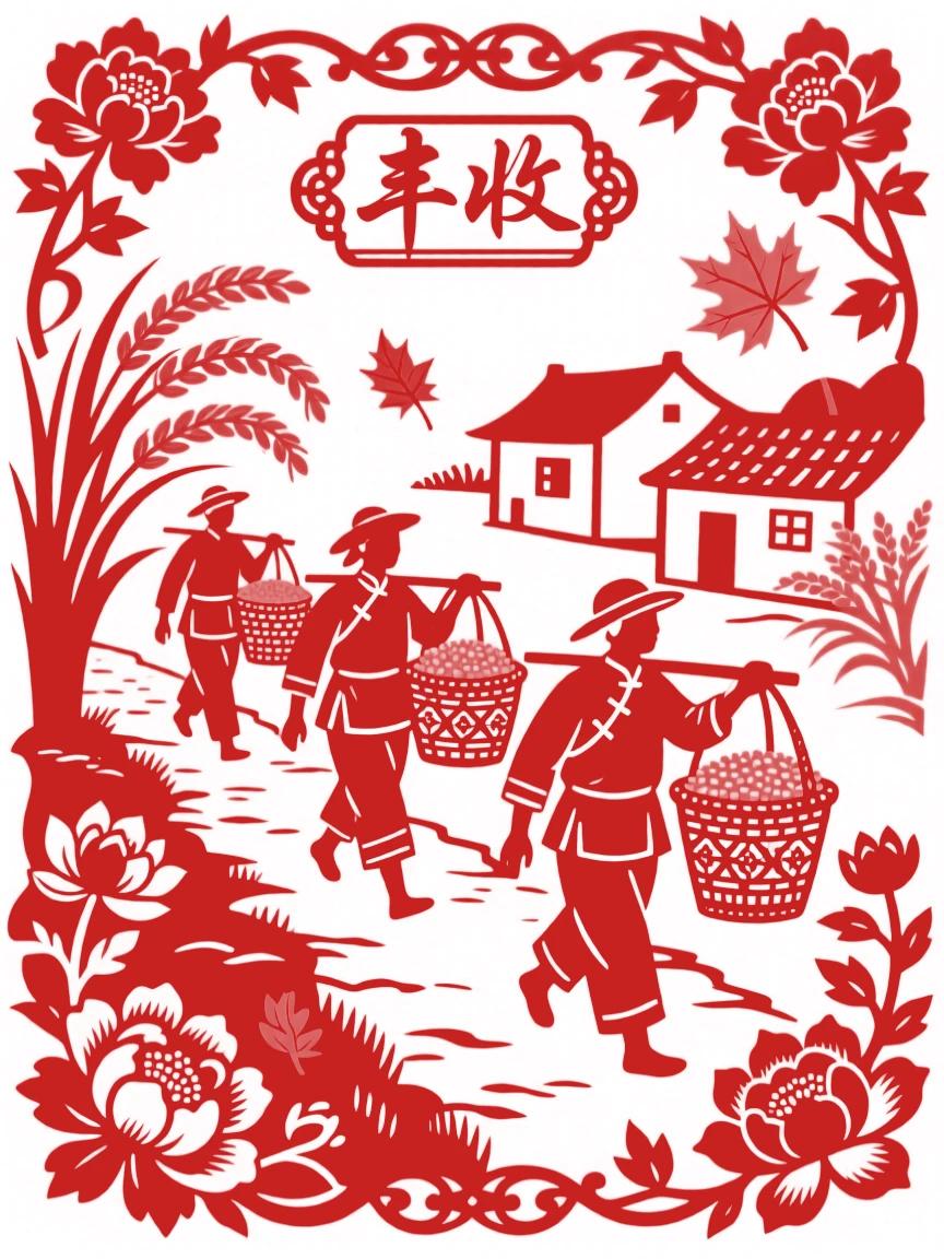 An autumn harvest scene with farmers carrying baskets of golden grain along a village path