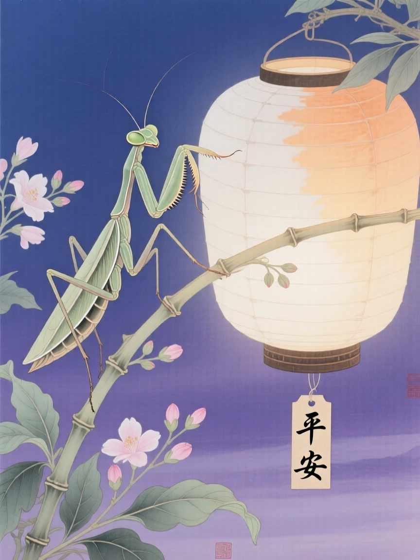 A praying mantis near a paper lantern at twilight