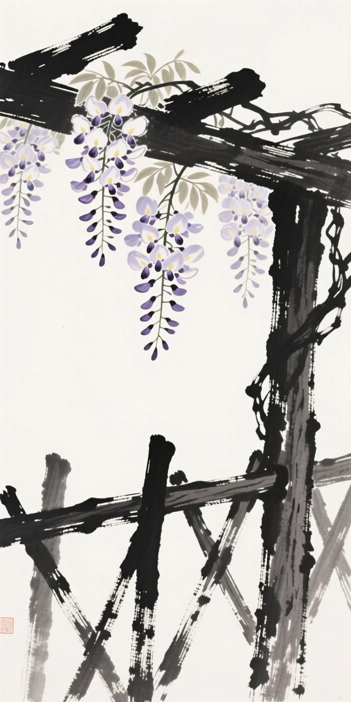 Wisteria blossoms cascading over an old wooden trellis, composed with generous open space around it, suggesting patience, resilience, and quiet strength.