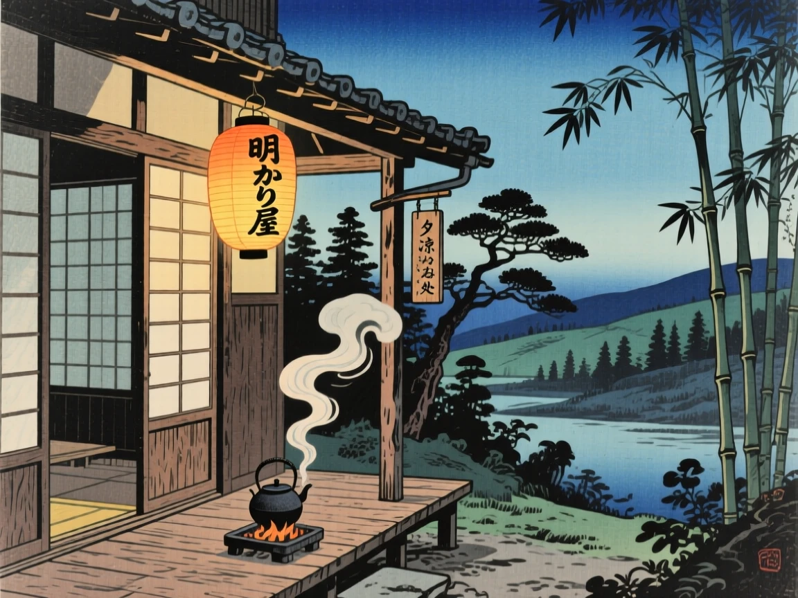 A glowing lantern on a porch steaming gently in the evening air.