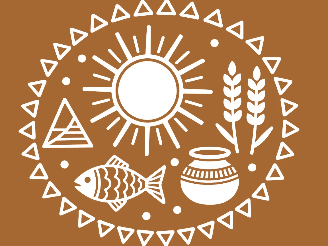 A composition centered on a village sun symbol surrounded by symbols of prosperity and good fortune.