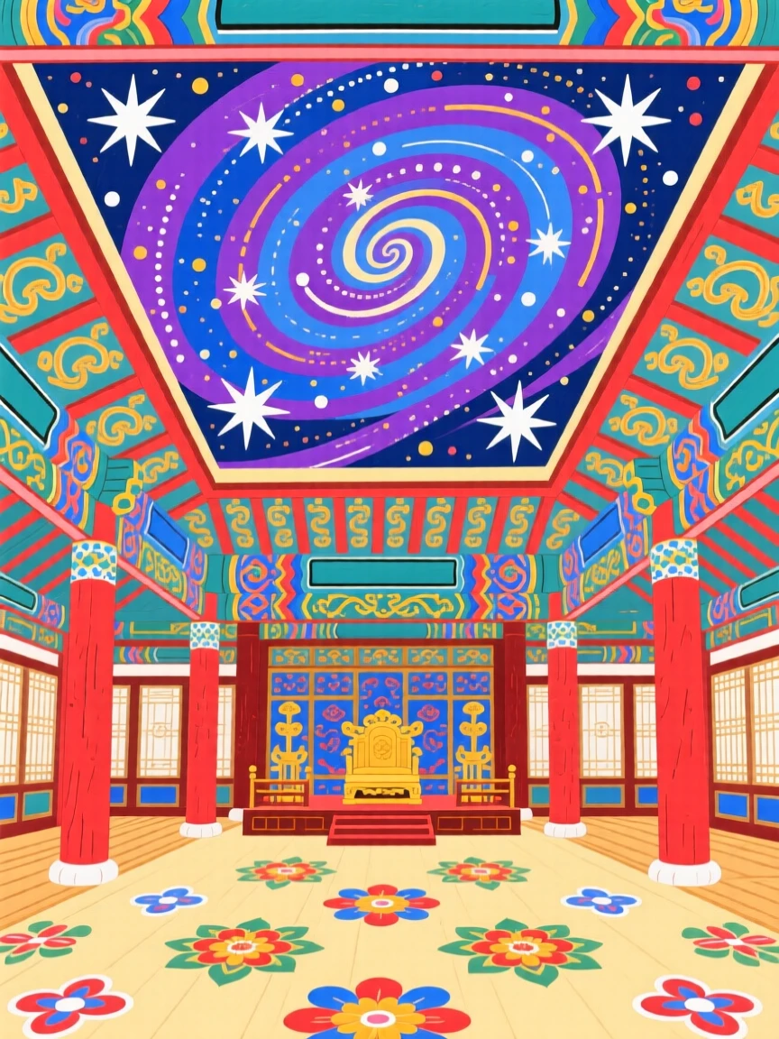 A palace hall where the ceiling opens to reveal a swirling galaxy above.