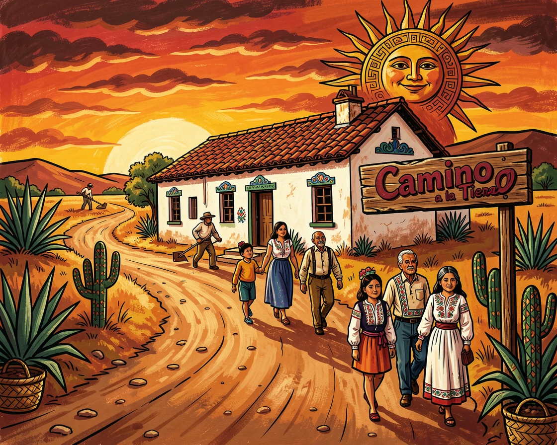 A dirt road leading toward a distant farmhouse at sunset