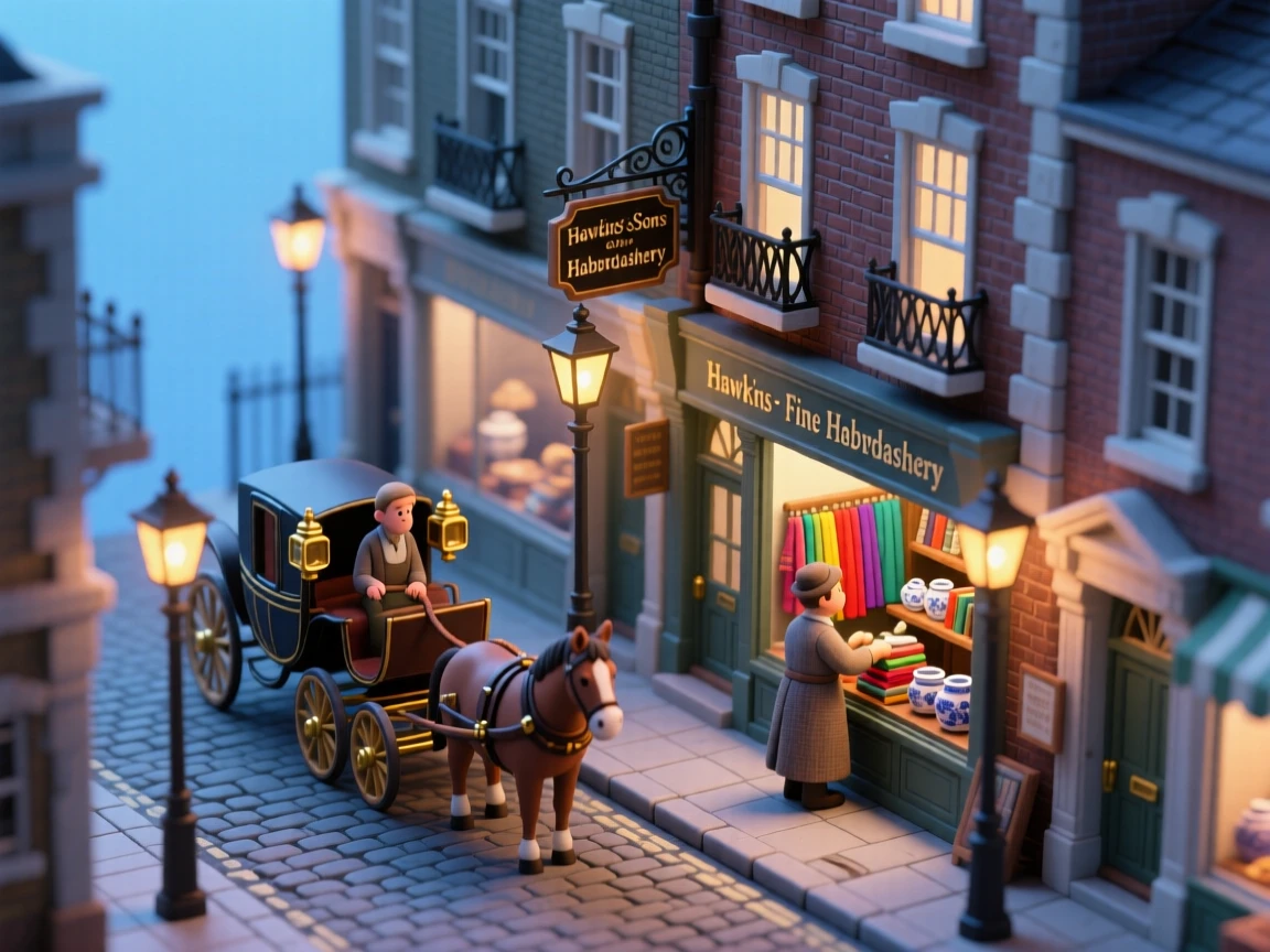 A Georgian-era London street with horse-drawn carriages, gas lamps glowing, and shopkeepers arranging window displays.