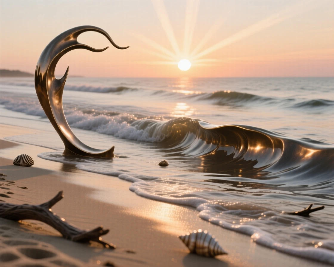 A serene beach at sunset with gentle waves, rendered in vivid, atmospheric detail, offering a breathtaking sense of place