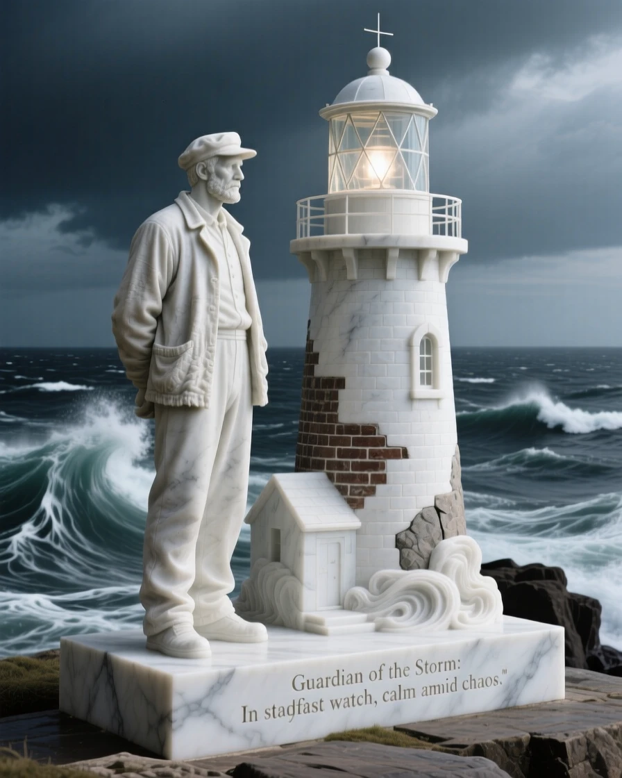 An evocative depiction of a lighthouse keeper watching over a stormy sea, in a moment of quiet stillness, balancing detail with emotional depth