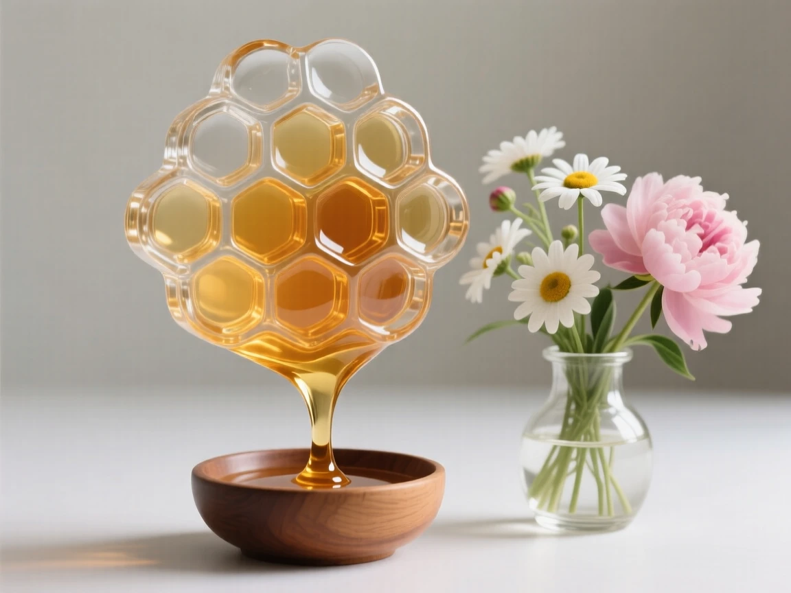 Beside a small vase of freshly cut flowers, a honeycomb dripping slowly into a small wooden bowl