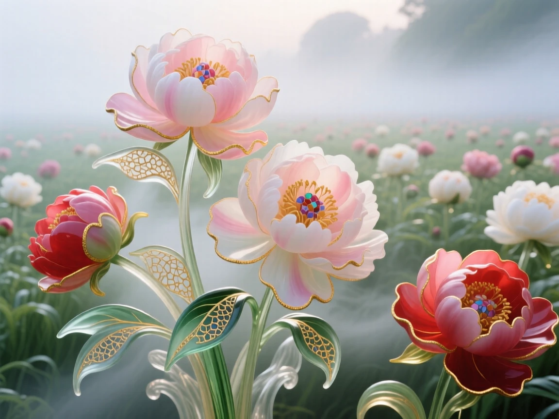 A field of blooming peonies unfurling beneath the softest morning mist, lush and romantic.