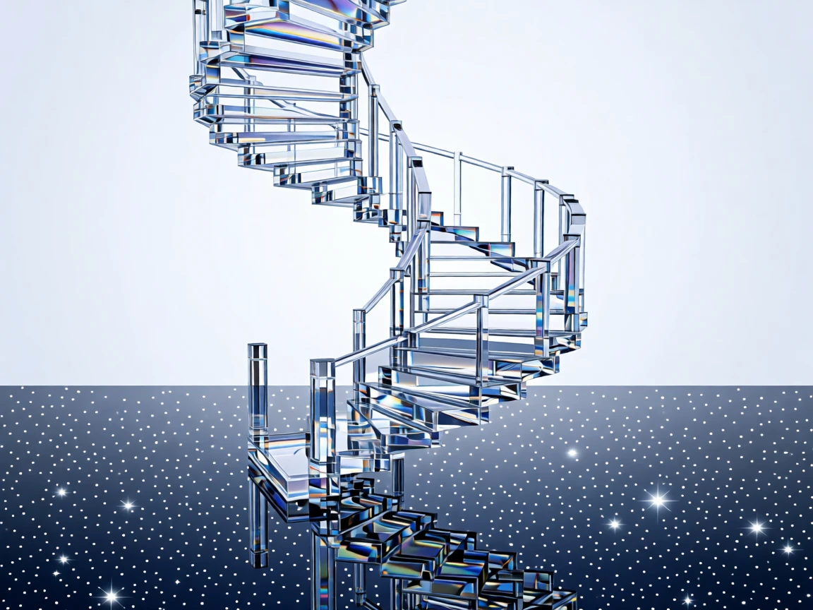 A surreal spiral staircase floating above a mirror-still lake reflecting stars.