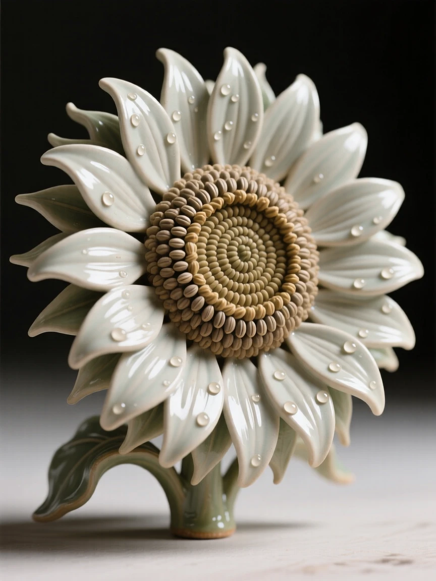 A single sunflower head heavy with seeds arranged as if freshly gathered, with dew glistening on each petal, stirring feelings of peace and gentle growth.