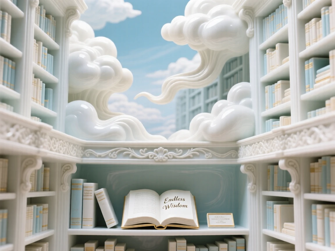 An imaginative vision of a library whose shelves stretch endlessly into the clouds, rendered with a sense of calm, magical realism.