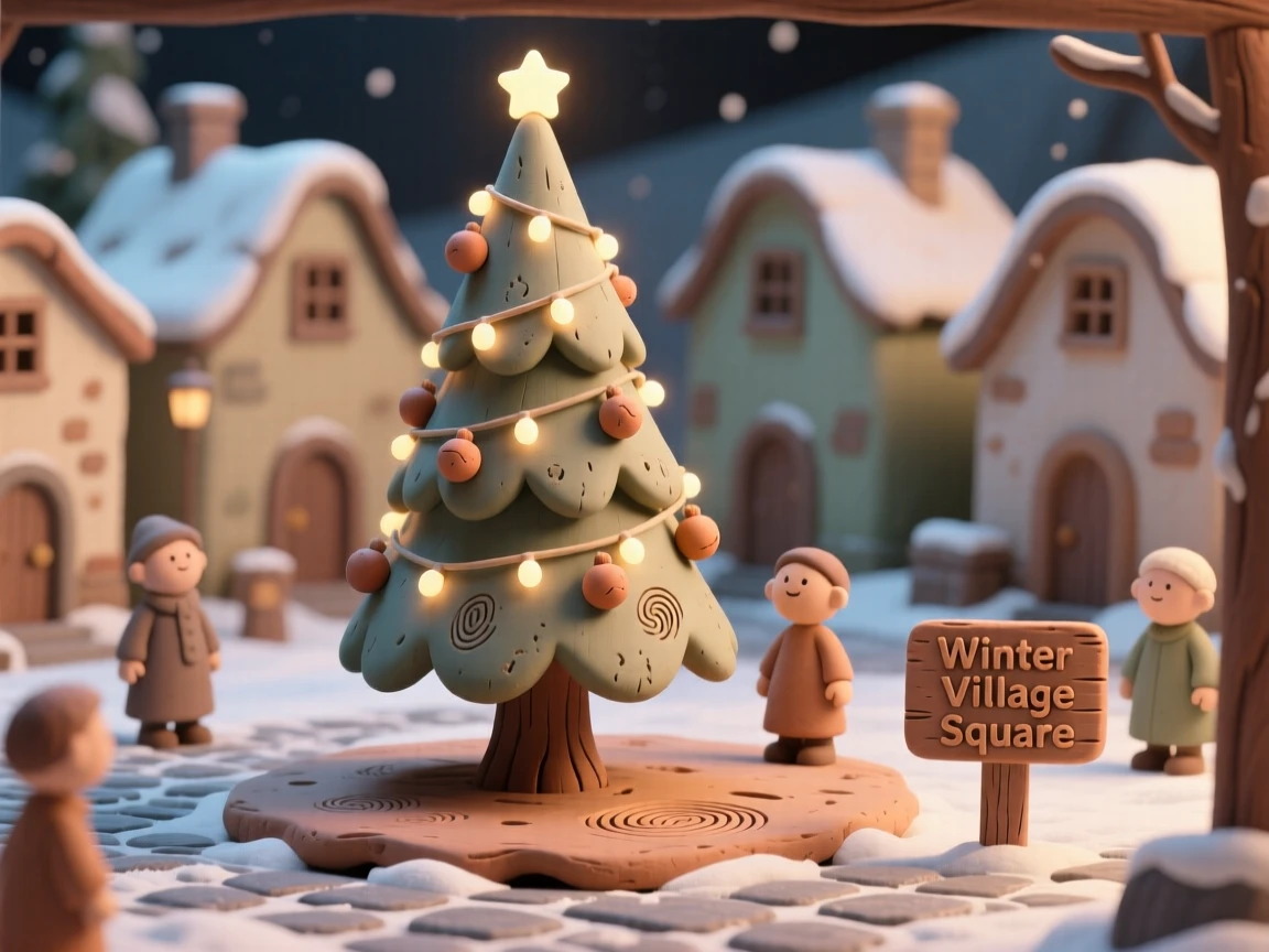 A winter village square with a towering lit Christmas tree