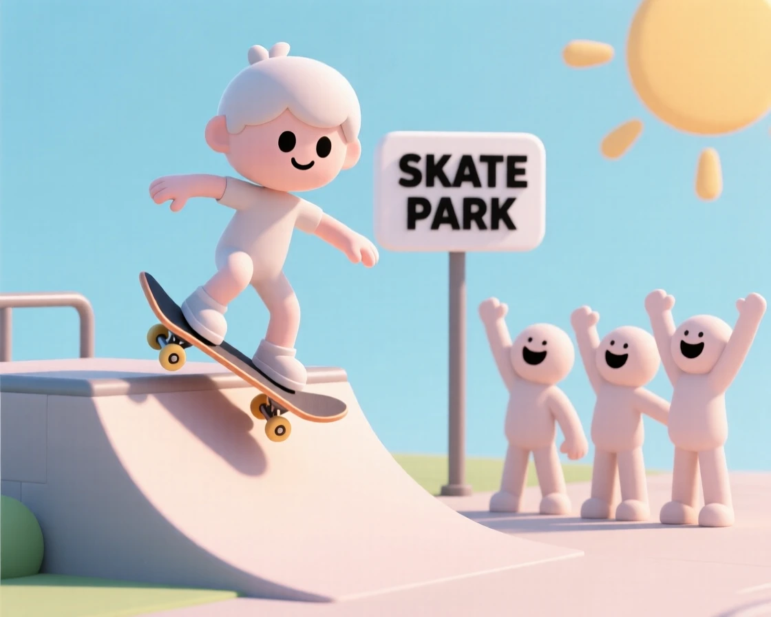 A determined young skateboarder lands a trick on a sunlit ramp, friends cheering from the sidelines.