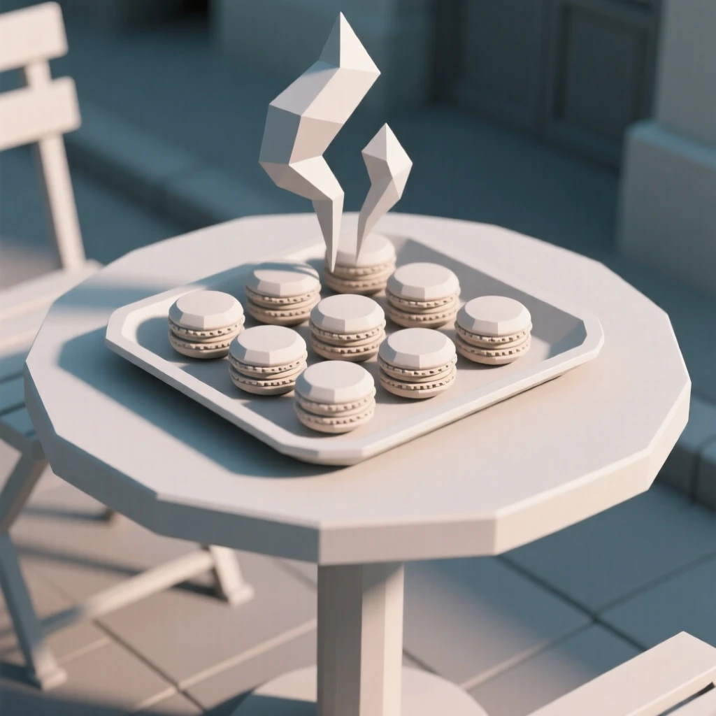 A tray of colorful macarons, at an outdoor café table. steam rises gently, adding a sense of freshness. The mood is fresh and appetizing.