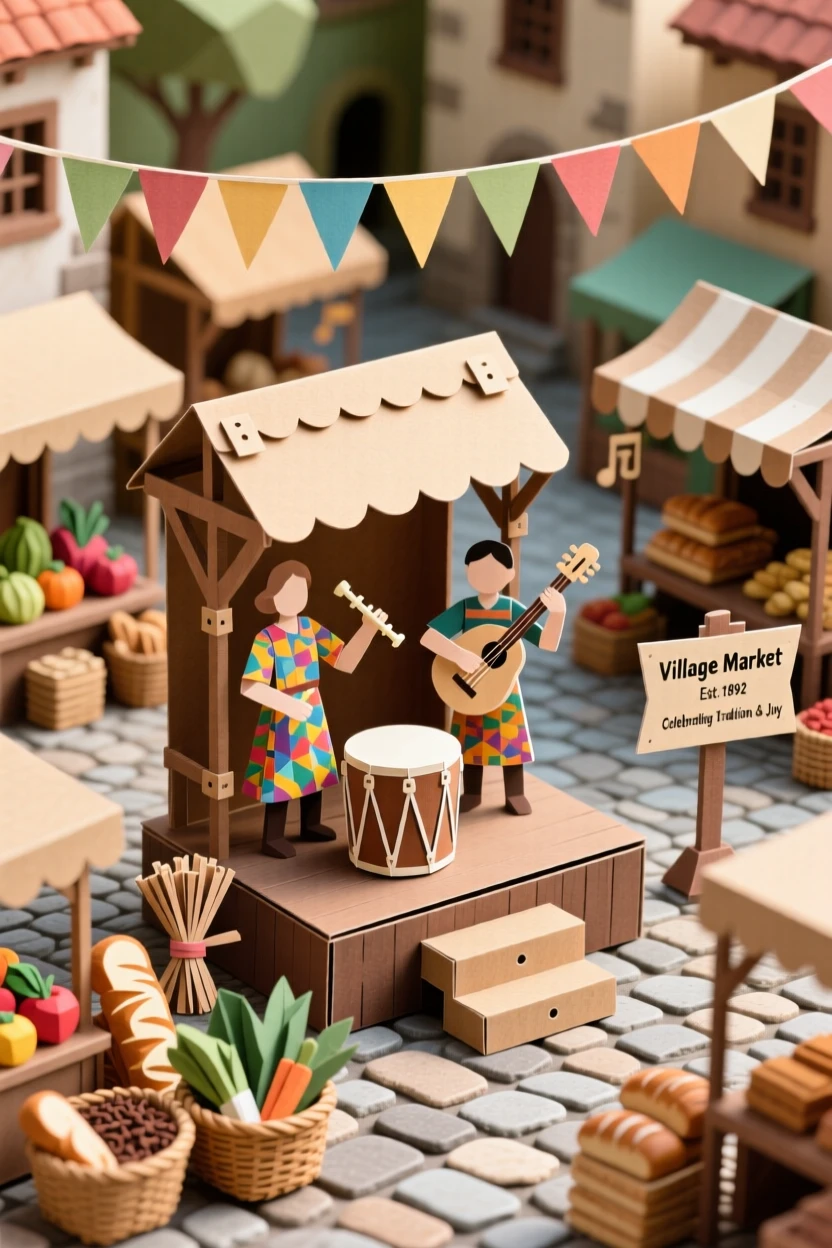 A bustling traditional market celebrated in a lively village square, with rhythmic music filling the air, conveying mindful ritual and tradition.