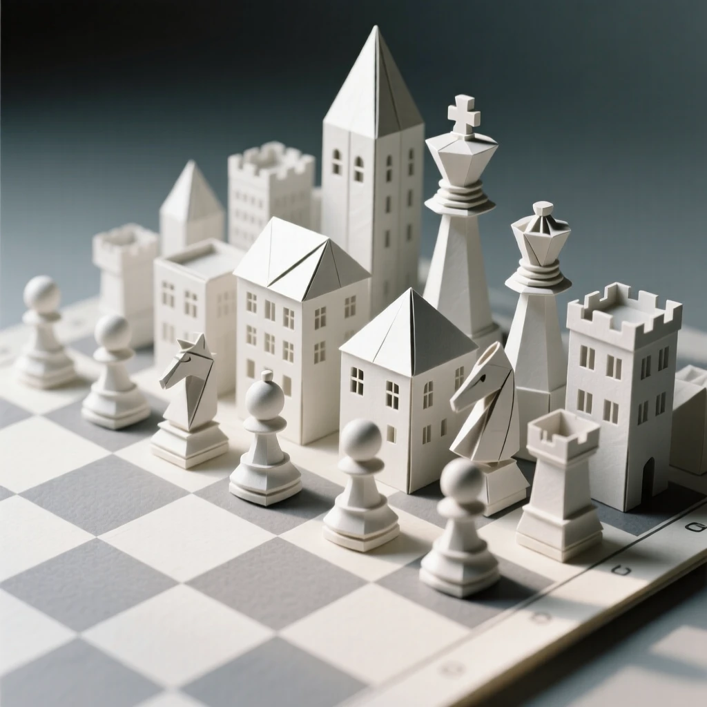 A chessboard where each piece is a miniature building forming an entire city skyline.