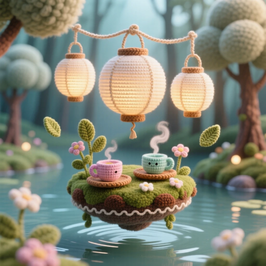 An imaginative scene of a small floating tea garden carried by paper lanterns with tiny cups steaming gently, drifting above a quiet lake nestled within a softly glowing forest; a soft breeze carrying tiny leaves nearby, full of a dreamlike, storybook charm.