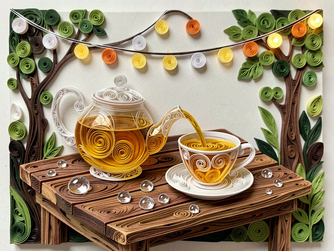 A cozy still life of a glass teapot pouring golden tea into a cup at an outdoor café table with string lights above, with glistening droplets of morning dew, arranged with rustic textures adding warmth.