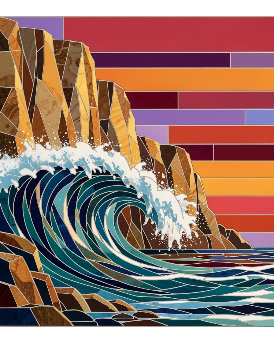 A dramatic wave crashing against ancient sea cliffs at sunset.