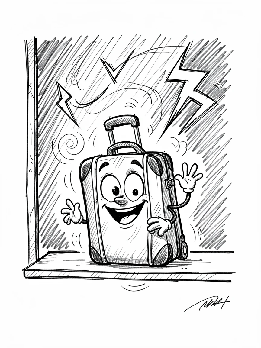 A suitcase eagerly packed for a trip on a windowsill during a storm.