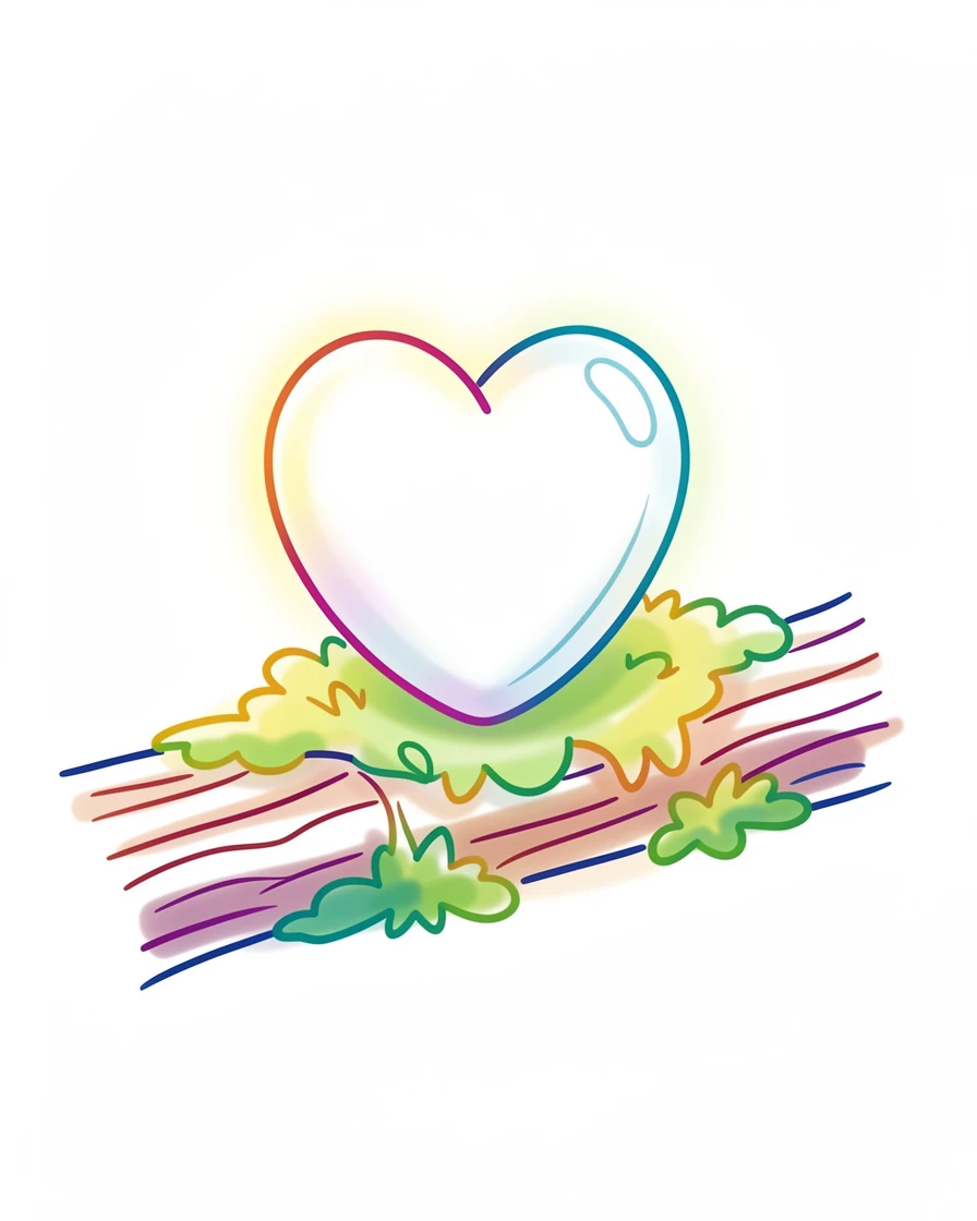 A single glowing heart-shaped stone resting on a moss-covered log.