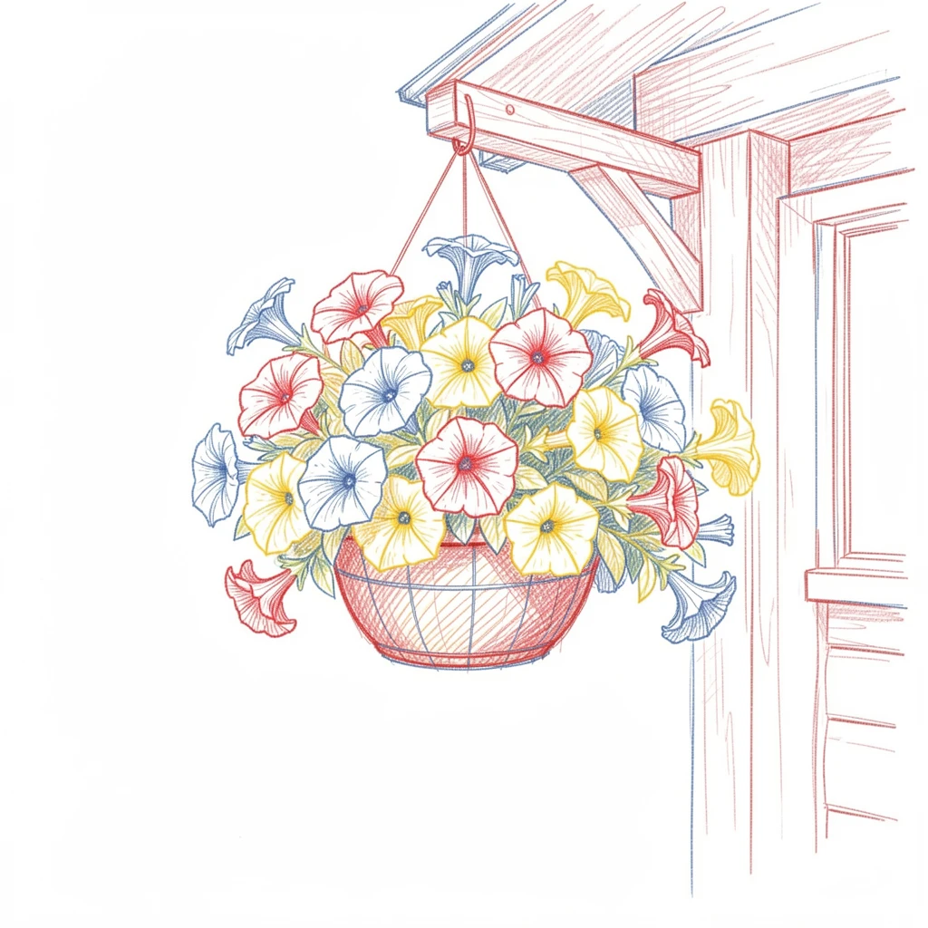 A vibrant hanging basket overflowing with petunias on a cottage porch
