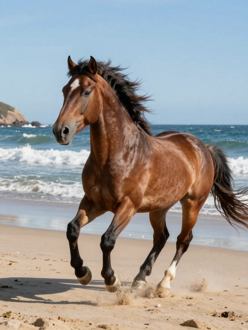 A wild horse running free along a beach shoreline