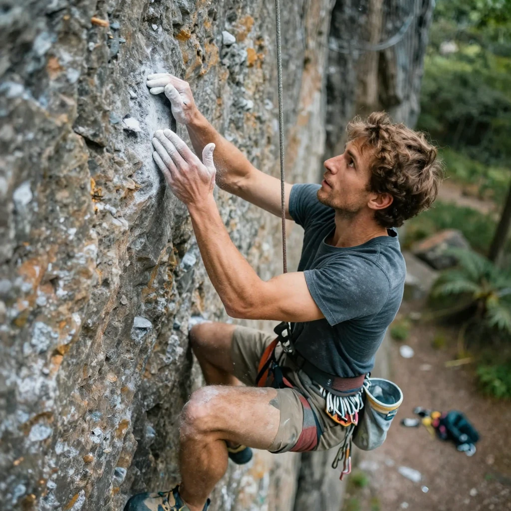 A rock climber chalks up before attempting a difficult overhang route.