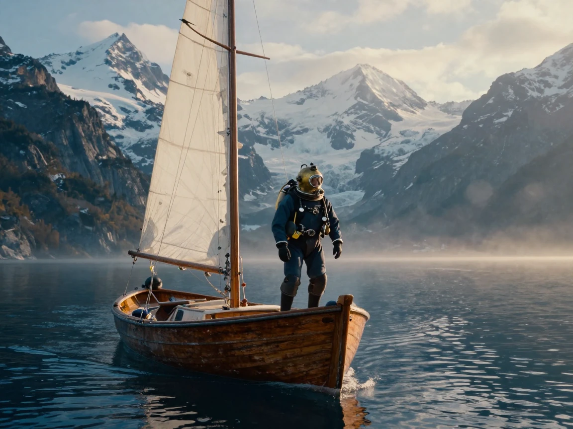 A deep sea diver sailing toward an uncharted horizon high in the snow-capped mountains