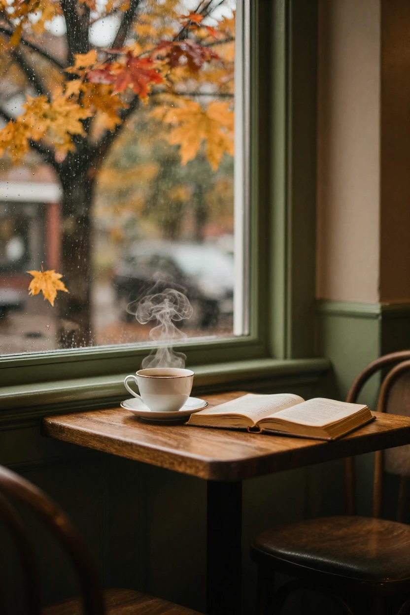 A cozy café corner with a steaming cup beside an open book, in soft window light, under a light drizzle, as autumn leaves turn gold and red, with muted olive and rust colors, from a three-quarter angle.