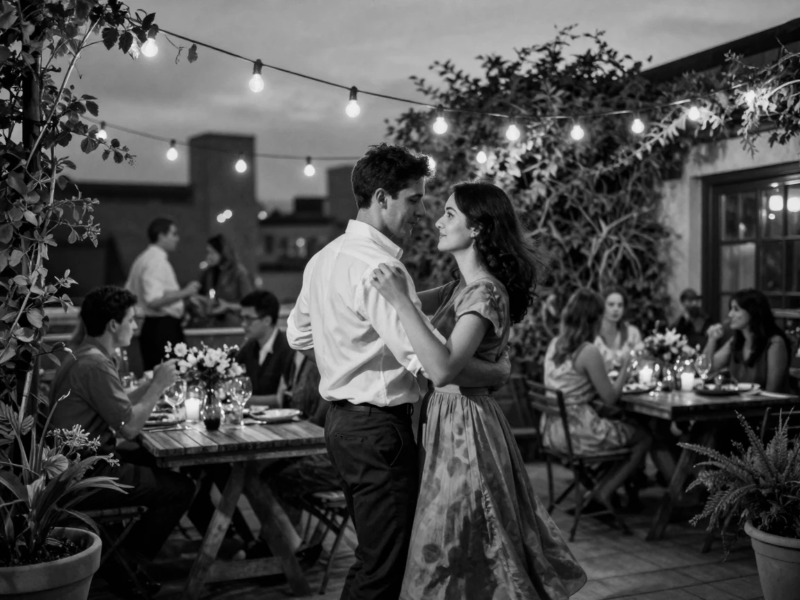 A young couple dances slowly under string lights at a rooftop garden party.