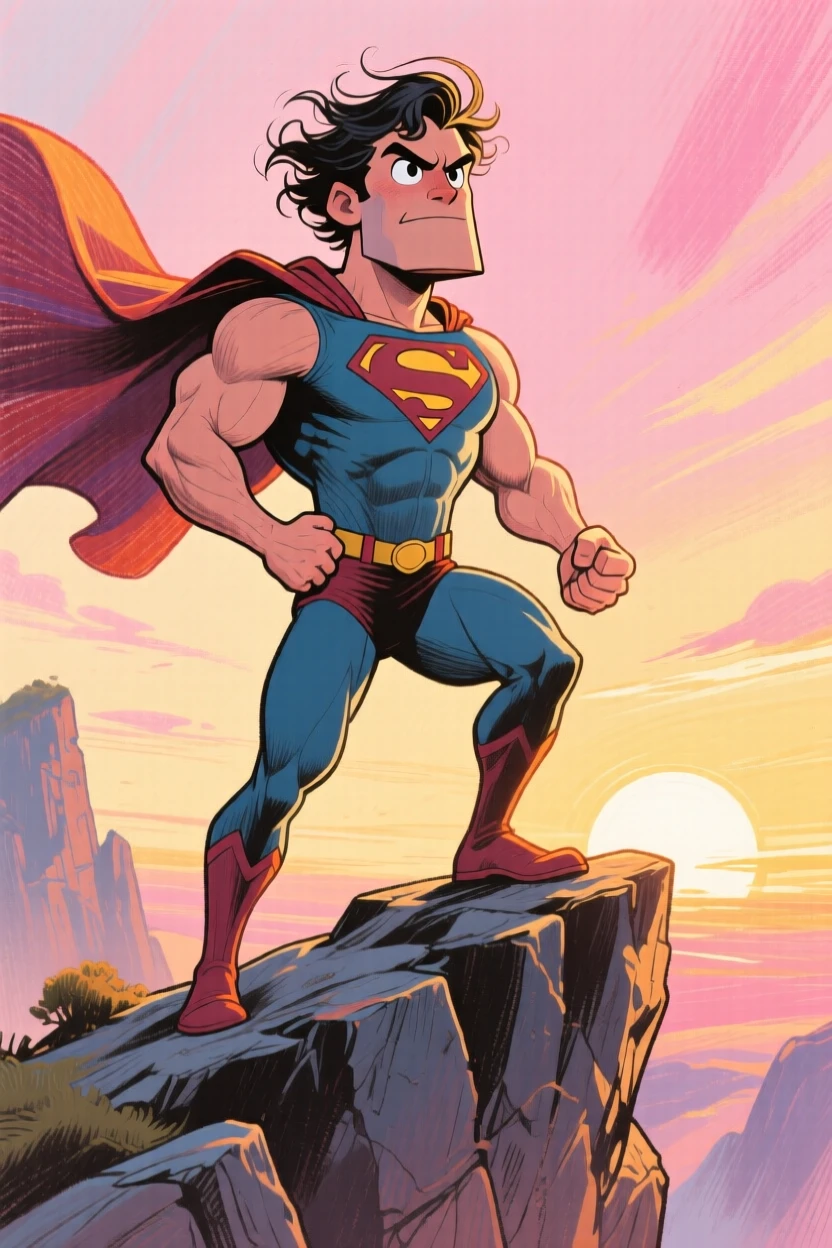 A daring hero standing atop a cliff at dawn, cape billowing, ready for a new quest.