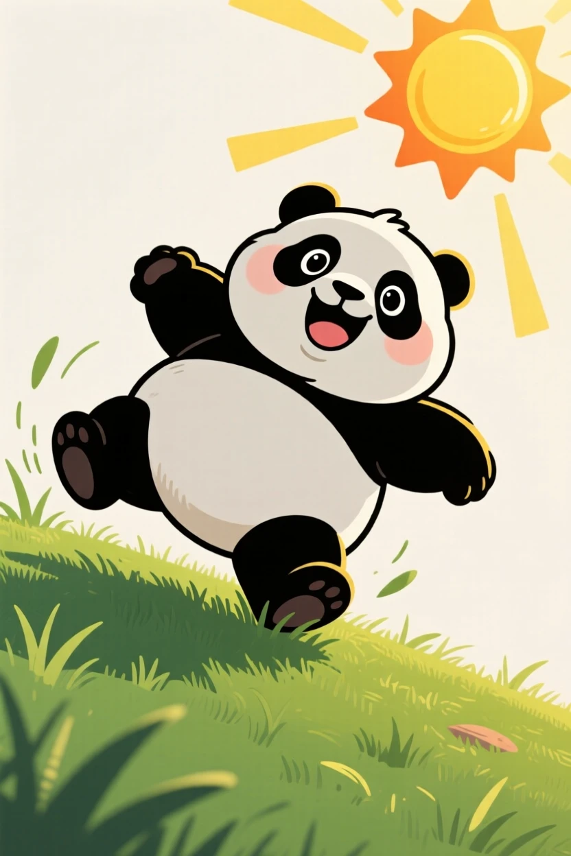 A charming animal moment featuring a plump panda tumbling playfully down a grassy hill, under a warm golden afternoon sun.
