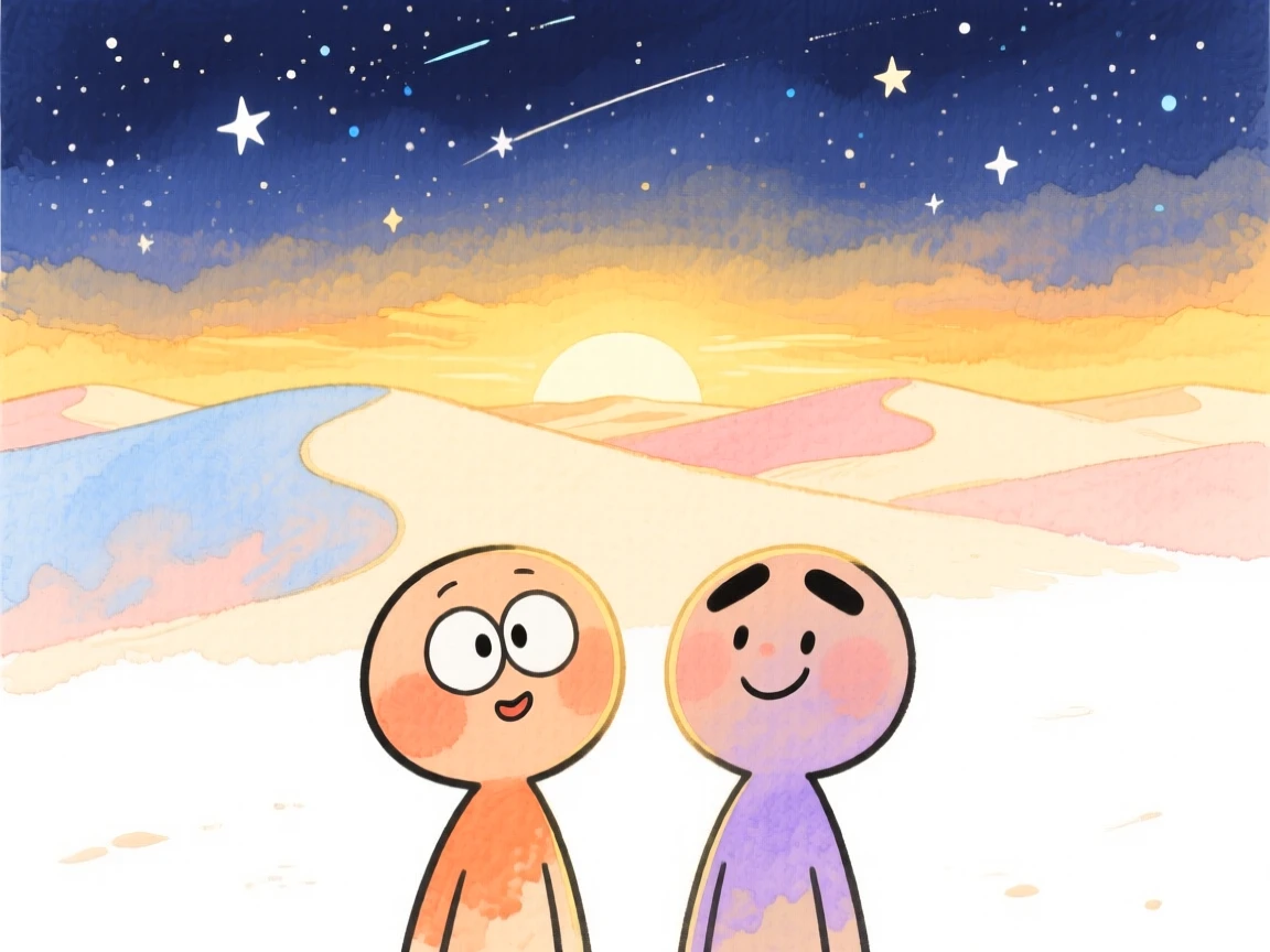 A serene landscape of a starry night sky over a quiet desert landscape at golden sunset