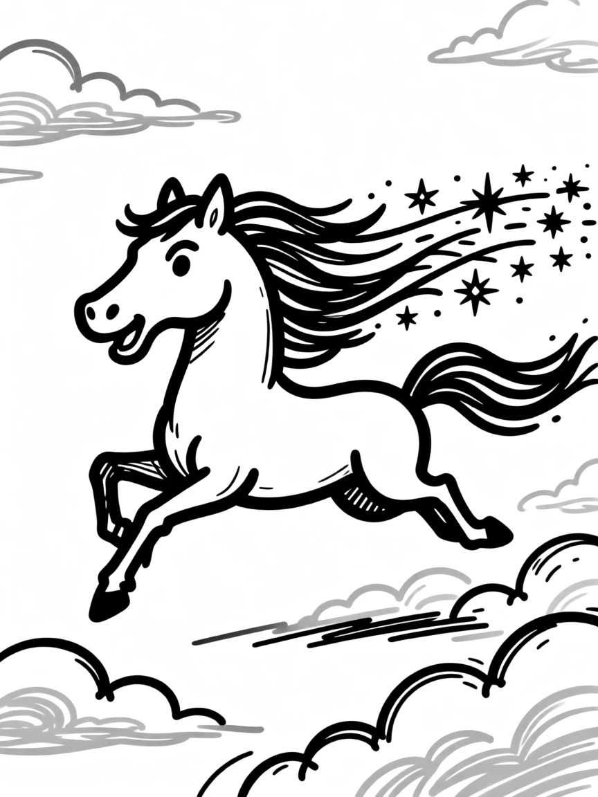 A pegasus galloping across a cloud-covered sky, mane trailing starlight.
