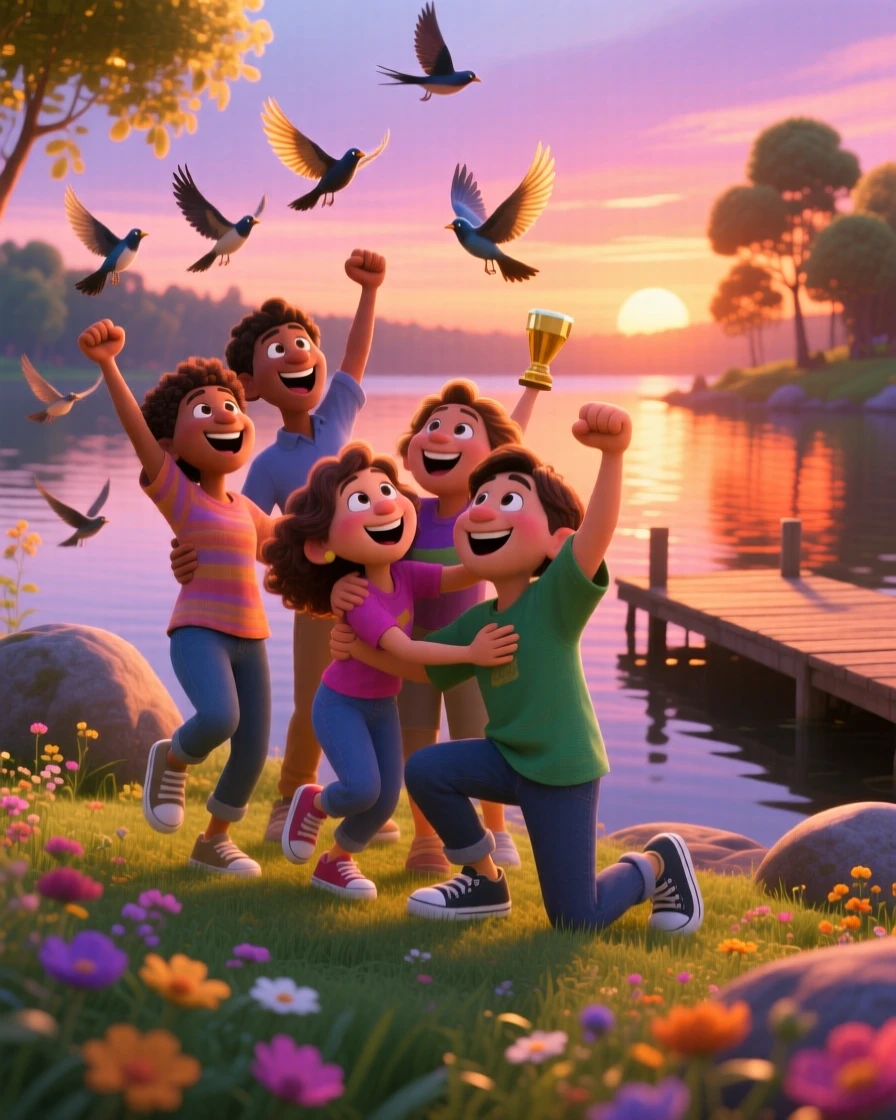 A team celebrating together after a big win unfolds beside a calm lake at sunset, with birds scattering into the sky nearby. The mood is triumphant, warm, and full of love.
