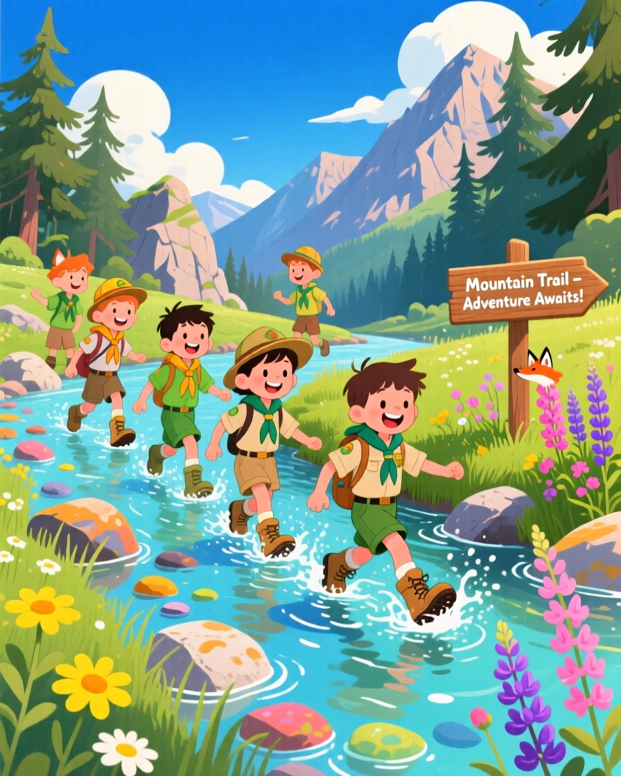 An adventurous scout troop spends the day wading through a shallow mountain stream through a rocky mountain trail, as wildflowers sway in the breeze.
